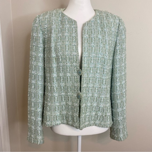 Carlisle Jackets & Blazers - Vintage Carlisle Tweed Aqua Seafoam Long Sleeve Wool Blend Button Blazer Size 14